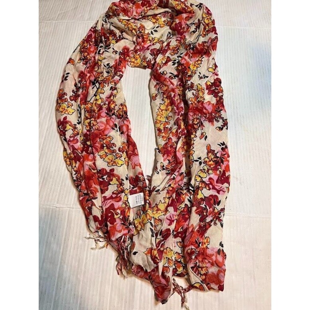 Boho Chic Floral Scarf Orange Pink Cream Fringe Wrap 74"x20" Business Casual